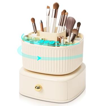 Imagem de 360 Graus com Gaveta, 5 Compartimentos para Mesa, Porta Canetas Escritório Organizador, Organizador de Maquiagem Giratorio, Caixa de Armazenamento Multifuncional de Mesa, Bege
