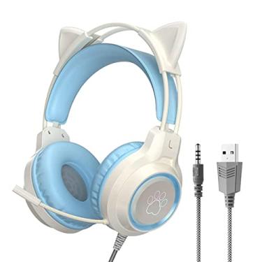 Imagem de Fone de ouvido para jogos com orelhas de gato removíveis, fones de ouvido com fio de 3,5 mm com microfone ajustável, faixa de cabeça acolchoada extensível, cancelamento de ruído e fones de ouvido com