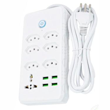 Imagem de Régua Filtro de Linha com 7 Tomadas Extensão Elétrica 1 Universal 4 USB Bivolt 10A Cabo de 2 Metros