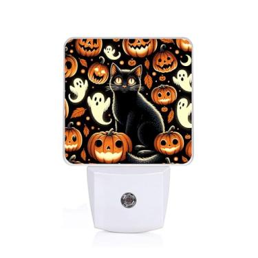 Imagem de GANTINIR Luz noturna de abóbora sorridente, plug-in em Halloween fantasma gato preto luz noturna lâmpada de LED branca, decoração com eficiência energética, lâmpada de mesa para quarto, corredor