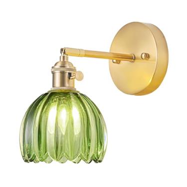 Imagem de LINSEEDS Arandela de parede com fio, arandela de parede vintage com interruptor, luminária de parede dourada com abajur de vidro verde tulipa, luz de parede interna para quarto, banheiro, lâmpada de