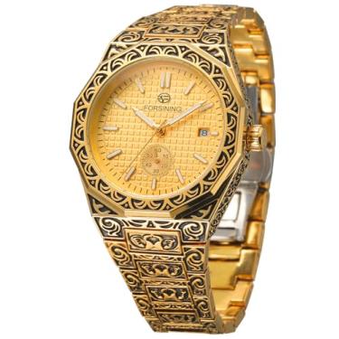 Imagem de FORSINING Relógio masculino moderno, vintage, automático, impermeável, minimalista, com pulseira de aço inoxidável, 1 ouro, Retrô