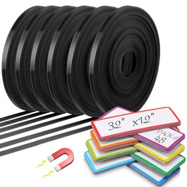 Imagem de Tellegloww Conjunto de 6 rolos de fita magnética para quadro branco de 10 m, bordas finas para sala de aula, quadro branco, 48 peças, para sala de aula, escritório, casa, estudantes, (preto)