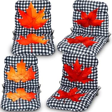 Imagem de Chunful 4 peças de almofada grande vermelha laranja outono folha bordo assento almofada exterior interior tufado cadeira almofada de outono preto e branco xadrez para móveis de Ação de Graças (99.1 cm
