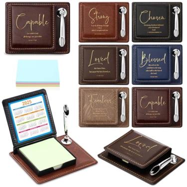Imagem de Spakon Conjunto de 6 porta-notas adesivas inspiradoras bíblicas, presentes cristãos, versículo da Bíblia, caixa de notas de couro PU com suporte de caneta para mulheres e homens, igreja, pastor, dia
