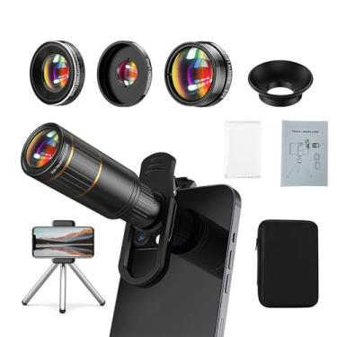 Imagem de COSULAN Kit de lente de câmera de telefone versão atualizada — Inclui lente teleobjetiva 22X, lente olho de peixe 205°, lente grande angular 0,67x, lente macro 25X, clipe e mini tripé para telefones
