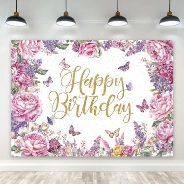 Imagem de Riyidecor Pano de fundo rosa floral feliz aniversário rústico elegante peônia rosa flor borboleta folhas 17x5H pés tecido poliéster planta fotografia fundo aniversário decoração de mesa banner estúdio