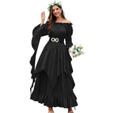Imagem de KWSTAIN Vestido gótico preto Halloween verão cintura elástica longo vitoriano casamento renascentista vampiro pirata bruxa vestido de formatura para mulheres e meninas (preto, G/GG)