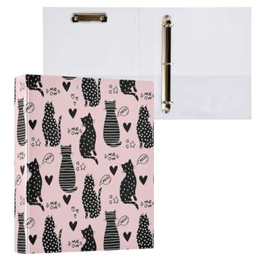 Imagem de Fichário de 3 anéis de silhueta preta de gatos e corações de estrelas, fichário decorativo de 3,8 cm com prancheta e 3 bolsos transparentes, comporta 200 folhas de papel tamanho A4 fichários à prova