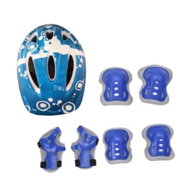 Imagem de harayaa Kit de capacete de bicicleta infantil 7x, joelheiras, cotoveleiras, acessórios de proteção de pulso, chapéu, capacete de patinação para meninos, Azul Profundo