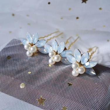 Imagem de Grampos de cabelo de folha de flor de cristal rosa branco estilo antigo acessórios de Hanfu pequeno grampo de cabelo noiva casamento