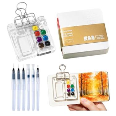 Imagem de Mini conjunto de aquarela para viagem, miniconjunto de tinta aquarela, 6 cm, paleta de tinta transparente com clipes para fichário, canetas pincel, caderno de esboços de papel para pintores, artistas