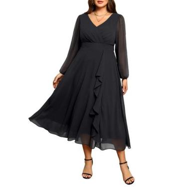 Imagem de Vestido Pinup Fashion Plus Size preto de chiffon com decote em V de ma