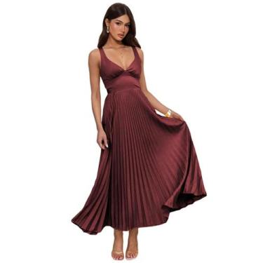 Imagem de Vestido formal QIAGE, cor de vinho, cetim, decote em V, tamanho 10