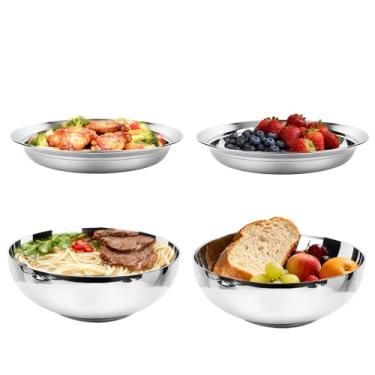 Imagem de Conjunto de 4 pratos e tigelas de aço inoxidável para macarrão de 22 cm, 1,332 g, grandes paredes duplas, 18/8, tigelas de salada e pratos de aço 18/10, inquebráveis para ramen, pho, cereal, lavável