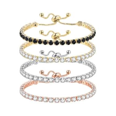 Imagem de QLYOVWE 4 peças de pulseira de tênis ajustável de luxo para mulheres, banhado a ouro 14 K, zircônia cúbica, moda, casamento, Natal, presente, Medium, Metal, Zircônia cúbica