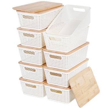 Imagem de Caixas de armazenamento com tampas 10 pacotes, caixas de armazenamento de plástico com tampas de bambu para organização de despensa e recipientes de armazenamento para prateleiras, gavetas, armário