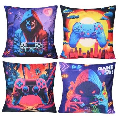Imagem de 4 peças de capas de almofada de linho imitação de Halloween 45,7 x 45,7 cm - Conjunto de presente para adolescentes meninos e meninas, decoração de sala de jogos, fronhas macias para sofá-cama