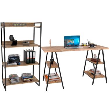 Imagem de Kit Mesa Cavalete 150 cm com Estante 4 Prateleiras Estilo Industrial Form C01 Carvalho - Lyam Decor