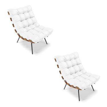 Imagem de Kit 02 Poltronas Costela Corino Branco Base Metálica Preto - D'Rossi