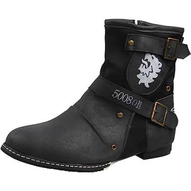 Imagem de Bota masculina de cano baixo, zíper lateral, couro PU, botas Chelsea com fivela e zíper lateral botas de combate de motocicleta, botas de cowboy leves, Preto, 37 BR