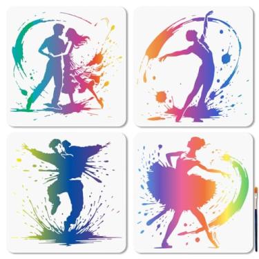 Imagem de MAYJOYDIY 4 peças de estêncil de personagens dançantes para pintura 29 × 29 cm, grafite e salpicos de água, modelo de desenho com pincel para parede, móveis, papel, tela, scrapbook, decoração