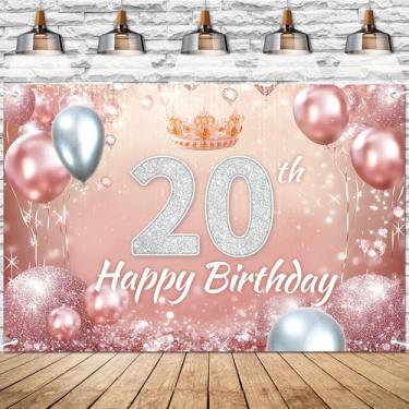 Imagem de Faixa rosa rosa feliz aniversário 20 anos cenário diamante glitter tema decoração de fundo para meninas princesa festa de aniversário decorações suprimentos 183 x 109 cm BECKTEN