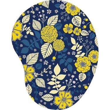 Imagem de Mouse Pad Ergonômico Gota Floral Estilizado Amarelo Branco Fundo Azul Marinho