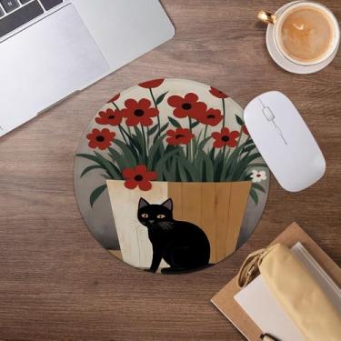 Imagem de Mouse pad floral de gato preto de meados do século, tapete de rato para amantes de gatos para mesa, escritório, casa, dormitório, computadores, acessórios para laptop, 19 x 19 cm