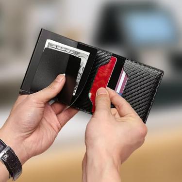 Imagem de Carteira masculina antifurto de fibra de carbono com bloqueio de RFID, suporte de cartão de liga de alumínio, antidesmagnetização para viagens e negócios (preto)