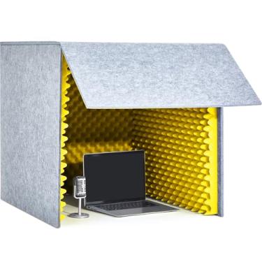 Imagem de Pushglossy Capa à prova de som para mesa de 71 x 71 cm x 71 cm cabine de gravação vocal portátil com escudo de absorção vocal microfone cabine de isolamento cubo para estúdios de música Podcasts