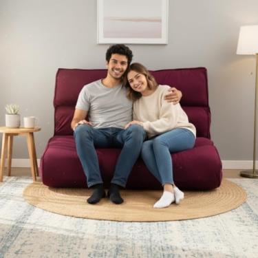 Imagem de Futon Casal Sofá Cama Dobrável 128x188cm Cor Vinho, Espuma Hiper Soft, Capa Removível e Lavável em Suede, Multiuso – Confort Linens