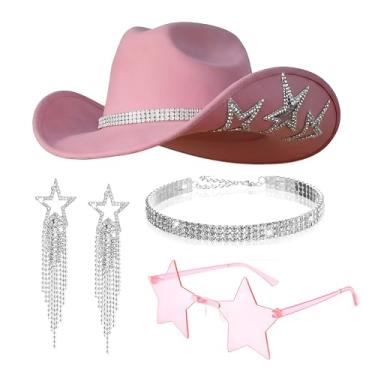 Imagem de Chicingyou Conjunto de 4 peças de chapéu de vaqueira, colar, brincos, estrelas, óculos de sol, faroeste, glitter, strass, estrela, chapéu de feltro de cowboy, rosa, tamanho �nico
