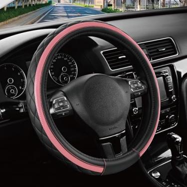 Imagem de Road Comforts Capa de volante de couro – preto e rosa, ajuste universal de 37 a 38 cm, couro de microfibra, design antiderrapante e respirável para homens e mulheres