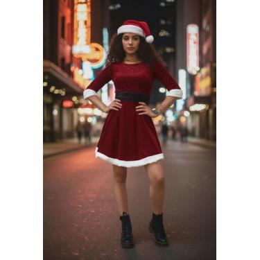 Imagem de Vestido mamãe Noel luxo veludo vermelho bordo e cinto - Princesa Urban