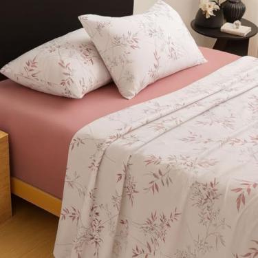 Imagem de Jogo de Lençol 4 Peças Percal 400 Fios Toque Macio Cama Casal Luxo Premium(Floral Rose,Super King)