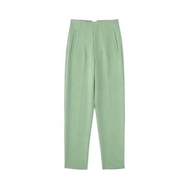 Imagem de Calças de Alfaiataria Femininas de Cintura Alta - Preto, Rosa e Branco