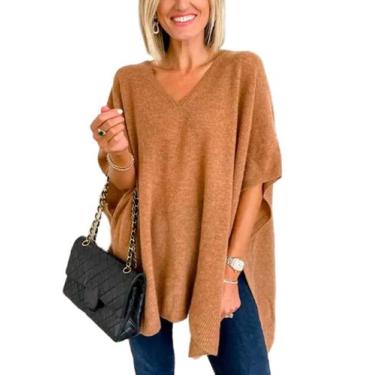 Imagem de Suéter Poncho Pinclodly feminino com decote em V, asa de morcego, sem 