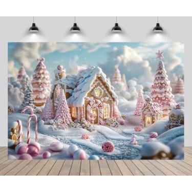 Imagem de CHNYWORK 2,1 x 1,5 m fundo rosa de vila de Natal, árvore de Natal, casa de gengibre, casa de doces, inverno, paisagem nevada, fundo de Natal, véspera de ano novo, decoração de festa de aniversário