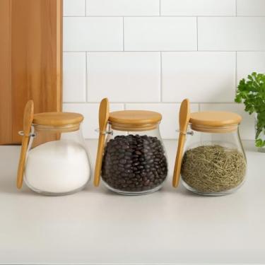 Imagem de Kit 3 Potes Temperos Redondo Porta Mantimentos Condimentos Vidro Hermético Tampa Bambu Colher 500ml(Bambu)