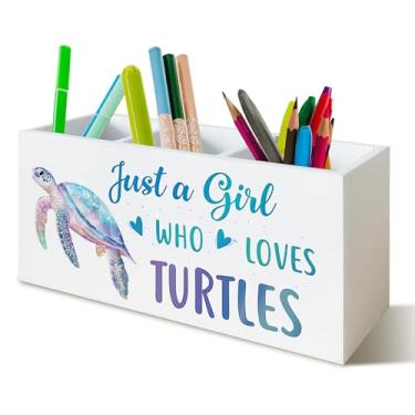 Imagem de YTRGI Porta-lápis para caneta de praia costeira tartaruga azul para mesa, presentes para amantes de tartarugas, apenas uma garota que ama tartarugas, oceano, caixa de madeira, placa de bloco para casa