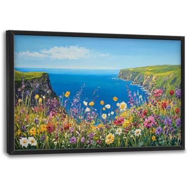 Imagem de Olivine Arte de parede grande do mar, decoração de parede de flores à beira-mar, pinturas de paisagem marítima costeira, impressões em tela de flores, arte emoldurada para sala de jantar, quarto, sala
