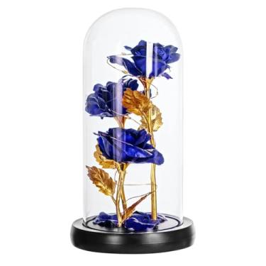 Imagem de Cúpula de vidro de flor rosa LED azul, luz de cúpula de rosa, operada por bateria, com folhas douradas, rosa eterna, 21 cm de altura, presente para dia dos namorados, aniversário, dia das mães, esposa