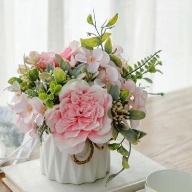 Imagem de TKAS Arranjo de flores falsas em vaso de cerâmica, rosas artificiais de seda sintética e hortênsia, mesa de jantar floral realista pequena e realista para decoração de casa de festa de casamento (rosa