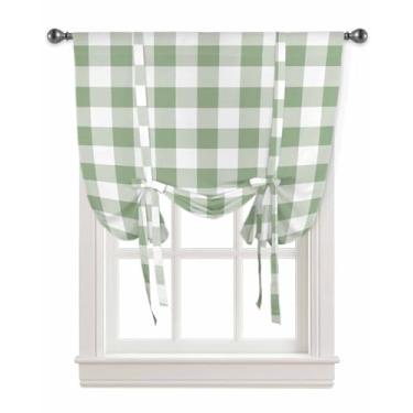 Imagem de WEEKA CLSNE Cortinas de amarrar verde sálvia para cozinha, sala de estar, casa de fazenda, isolamento térmico, ajustável, painel de bolso para varão, para janela pequena, xadrez búfalo verde 86 cm L x
