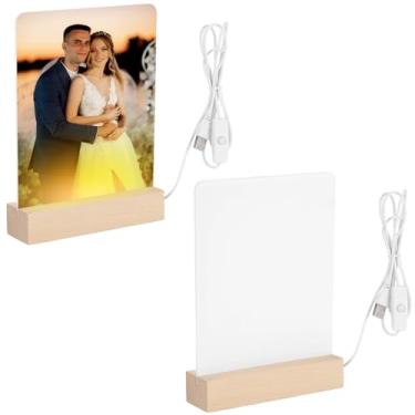 Imagem de Sublimação de 2 molduras acrílicas para fotos, com base de madeira, painéis de luz LED 15 x 19 cm, luz noturna amarela quente alimentada por USB, impressão à máquina de prensa térmica, presente para