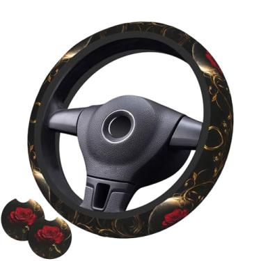 Imagem de Capa de volante rosa vermelha com 2 porta-copos de carro antiderrapante neoprene para mulheres e homens, conjunto universal de 38 cm, elegante e prático