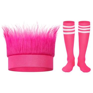 Imagem de Luinabio 2 peças de acessórios Spirit Week para perucas de cabelo louco, meias de dia a dia, roupas de guerra, fantasia de Halloween, dia de jogo, eventos esportivos, Rosa choque, 7.9 x 10.23 inches