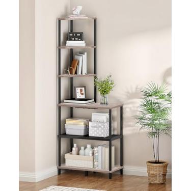 Imagem de CHOEZON Prateleira de canto de 6 camadas, estante de canto industrial com tampo de mesa, prateleiras de armazenamento em forma de diamante, suporte de exibição para espaços pequenos, sala de estar