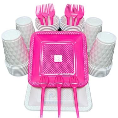 Imagem de Kit 260 Itens Descartaveis Festa Aniversário Prato Quadrado Diamante Plástico Colorido Perolado Candy Pastel (Branco Pink)